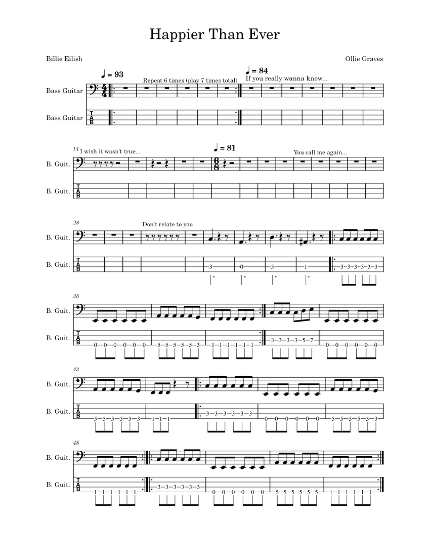 Happier Than Ever Bass Tab Billie Eilish Sheet music for Bass guitar