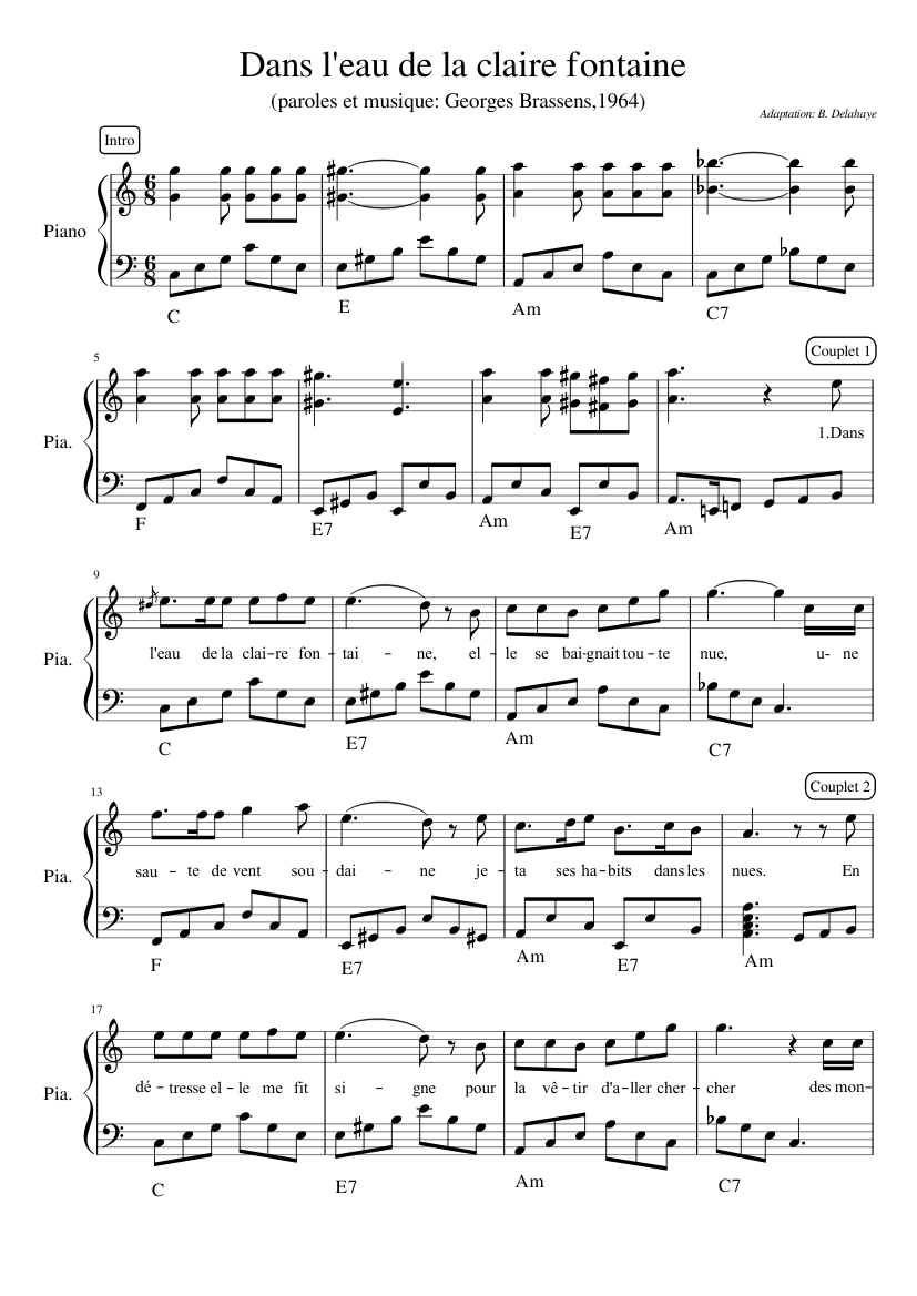 dans l'eau de la claire fontaine, piano-chant Sheet music for Piano, Flute,  Cello (Mixed Trio) | Musescore.com