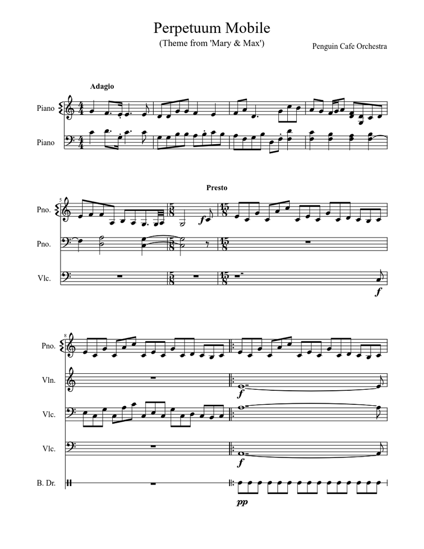 Perpetuum Mobile (Theme from Mary & Max) Sheet music for Piano, Violin  (Mixed Quartet) | Musescore.com