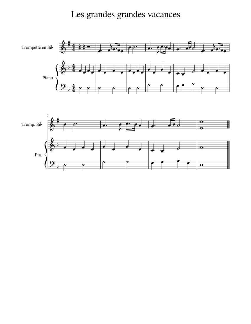 Les grandes grandes vacances Sheet music for Piano, Trumpet in b-flat  (Solo) | Musescore.com