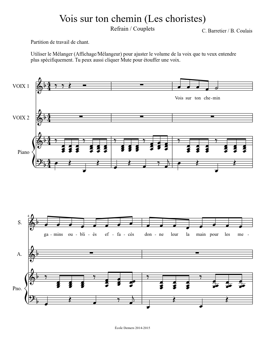 Vois sur ton chemin (Les choristes) Sheet music for Piano (Solo) |  Musescore.com