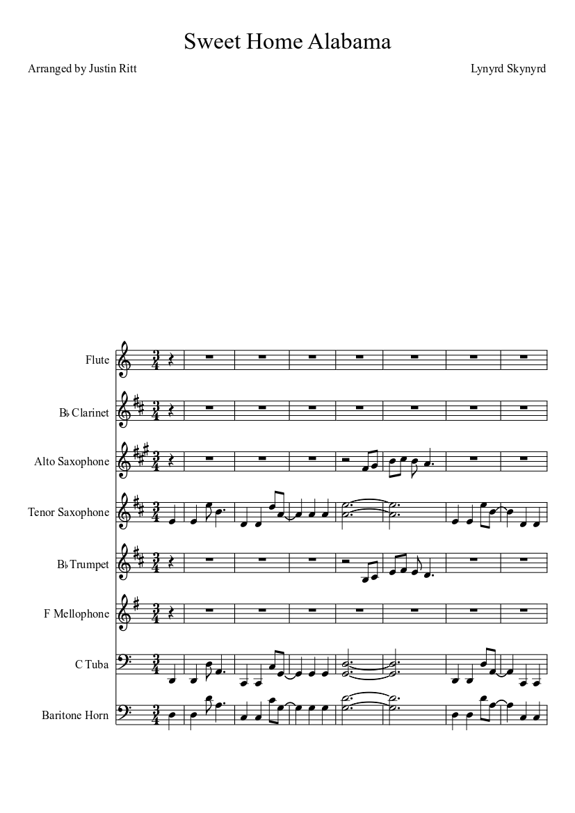 Sweet Home Alabama Sheet music for Tuba, Flute, Clarinet other, Trumpet  other (Mixed Quartet) | Musescore.com