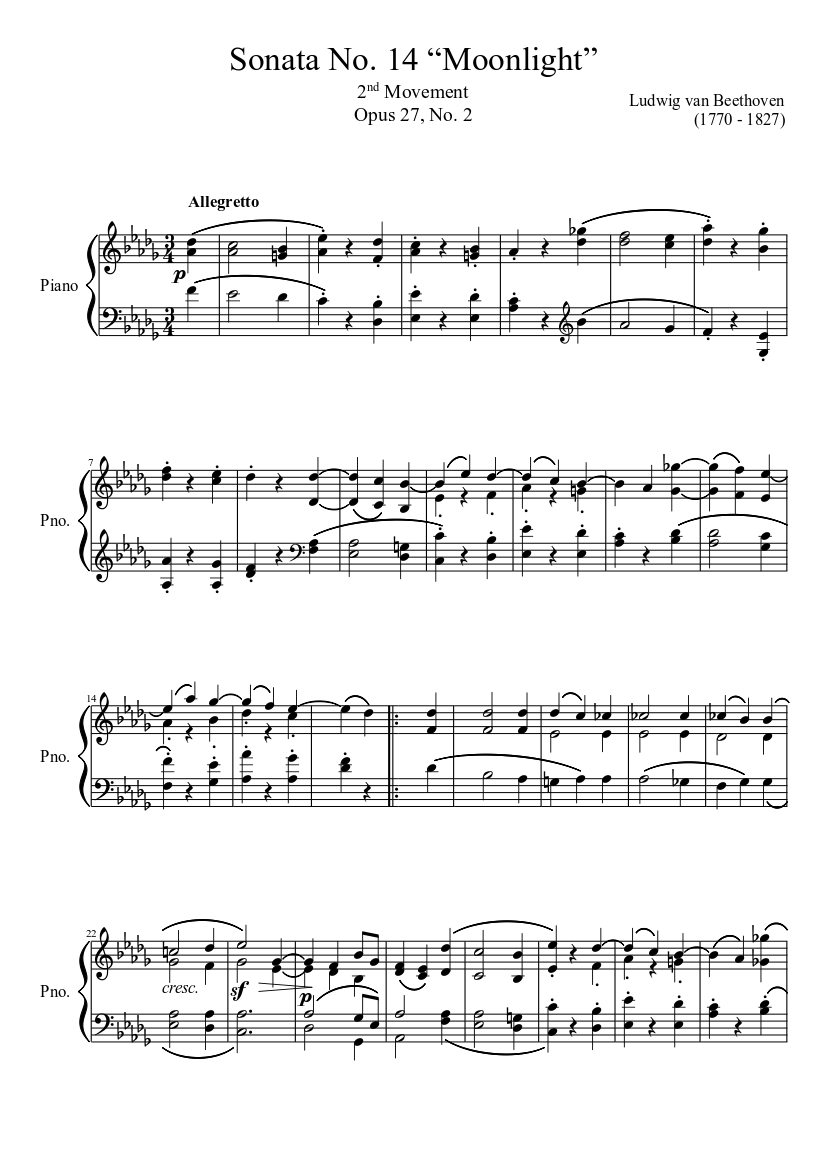 Sonata No. 14 “Moonlight” 2nd Movement Sheet music for Piano (Solo) |  Musescore.com