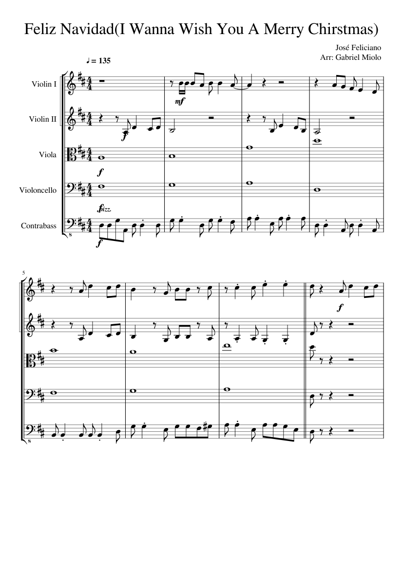 Feliz Navidad(I Wanna Wish You A Merry Christmas) for String Orchestra  Sheet music for Contrabass, Violin, Viola, Cello (String Quintet) |  Musescore.com