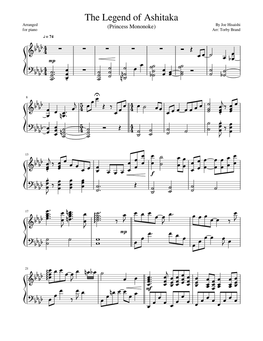 The Legend of Ashitaka (Princess Mononoke) Sheet music for Piano (Solo