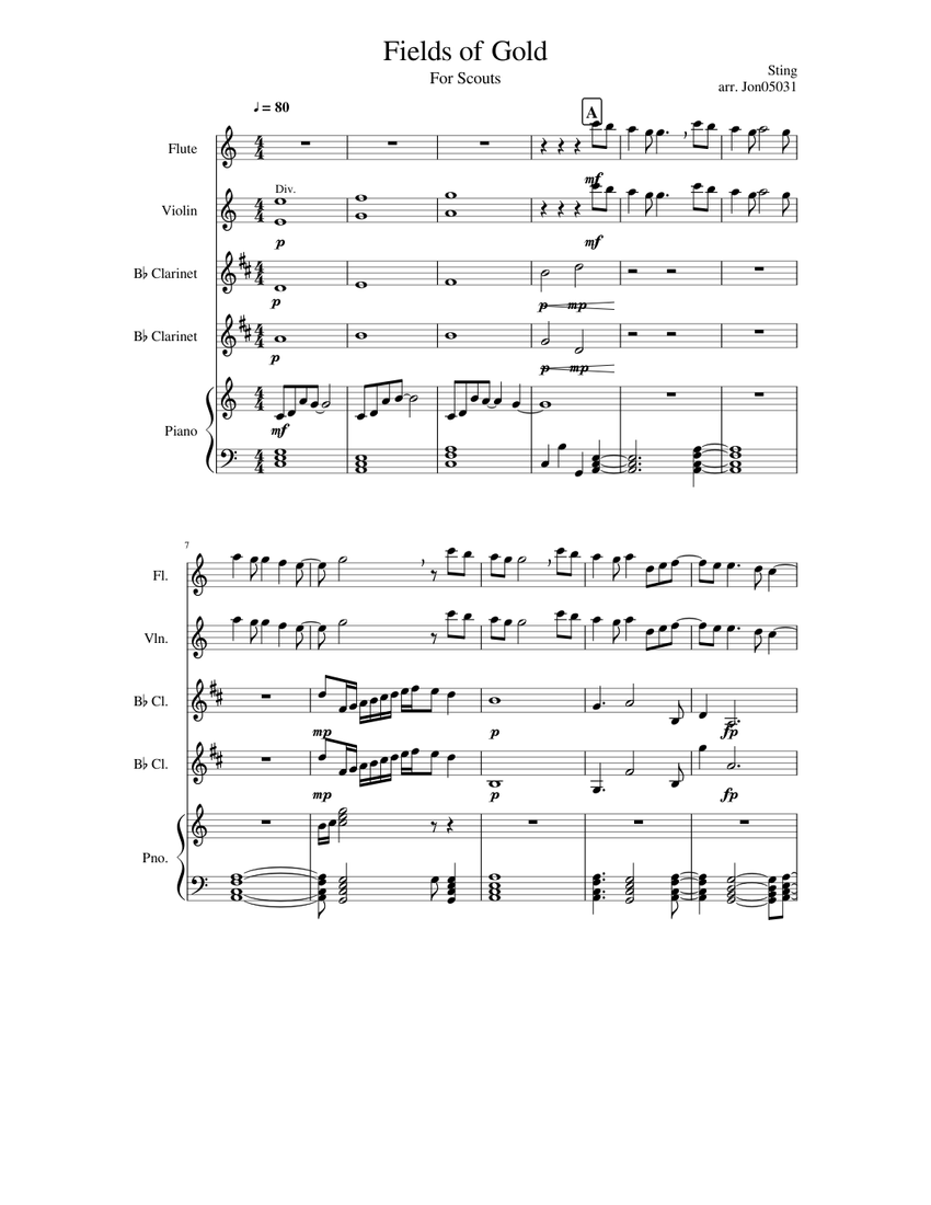 Fields of Gold Sheet music for Piano, Flute, Clarinet in b-flat, Violin  (Mixed Quintet) | Musescore.com