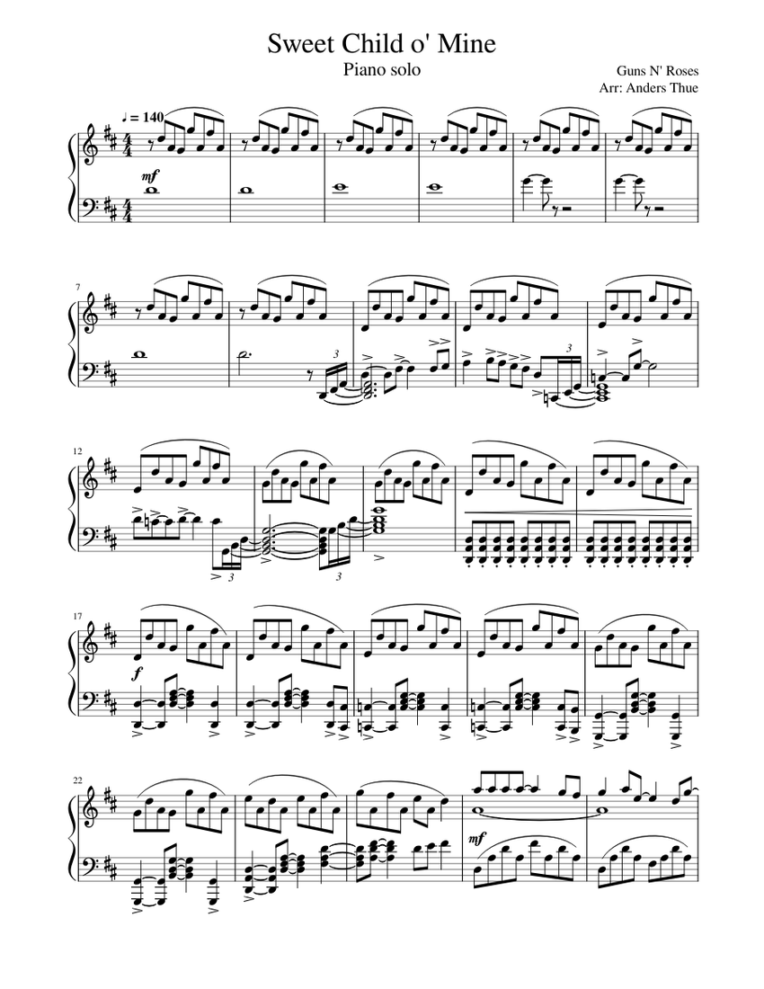Sweet Child o' Mine Sheet music for Piano (Solo) | Musescore.com
