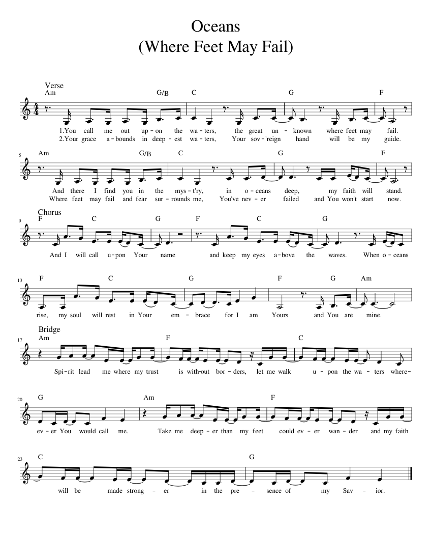 Free Printable Oceans Hillsong Piano Sheet Music