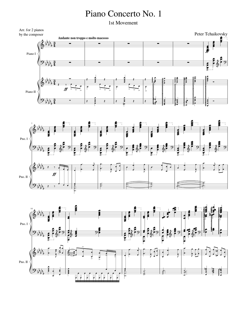 Tchaikovsky Piano Concerto No. 1, 1st Mvmt (arr. for 2 pianos) Sheet music  for Piano (Piano Duo) | Musescore.com