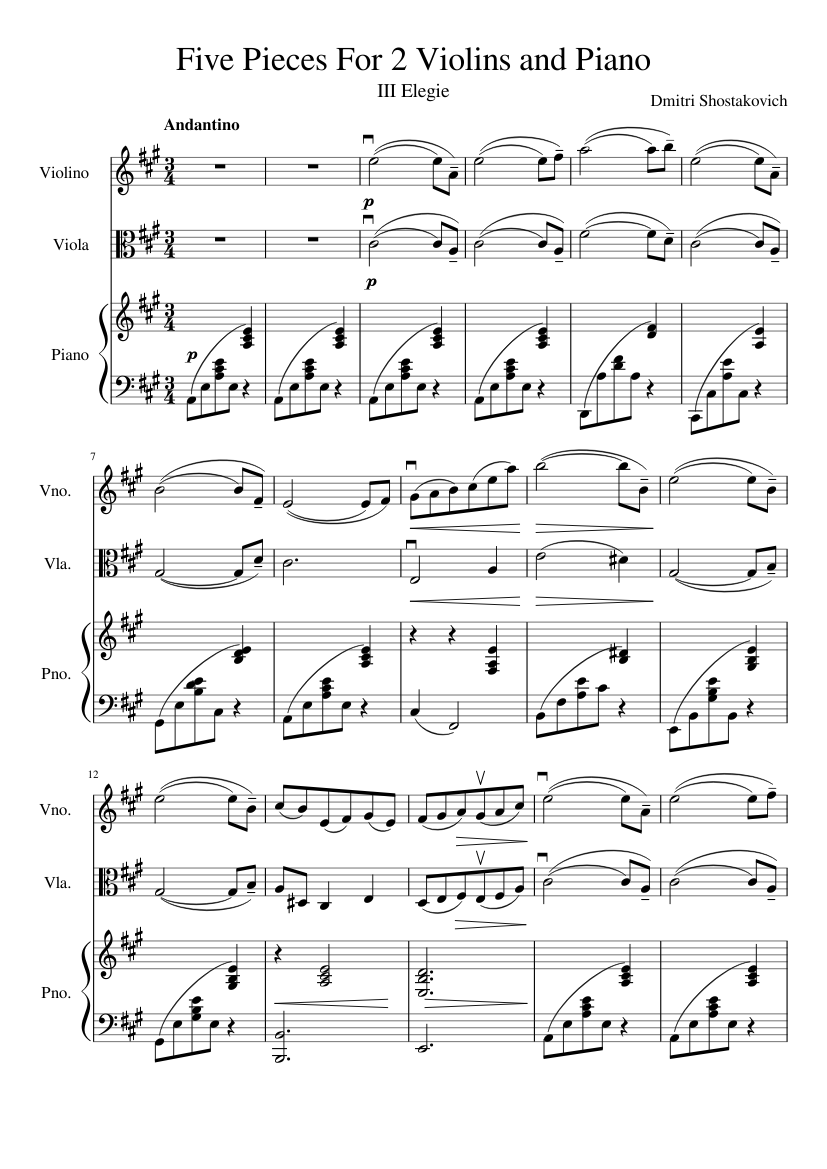 Five Pieces For 2 Violins and Piano - III Elegie Sheet music for Piano,  Violin, Viola (Mixed Trio) | Musescore.com