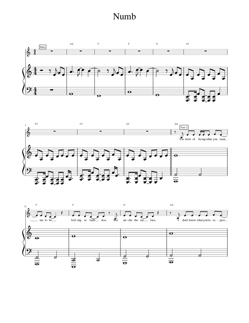 Numb Sheet music for Piano, Vocals (Solo) | Musescore.com