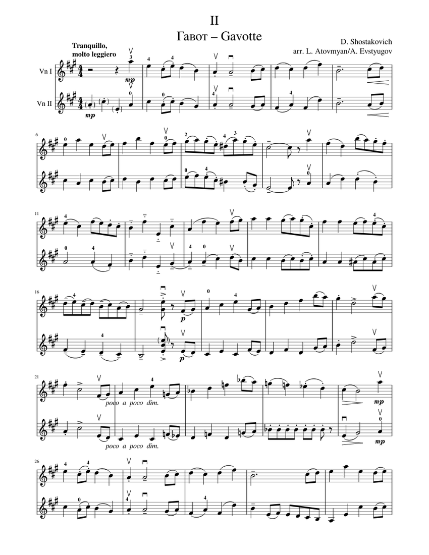 Shostakovich — Gavotte (arr. for violin duet without piano) Sheet music for  Violin (String Duet) | Musescore.com