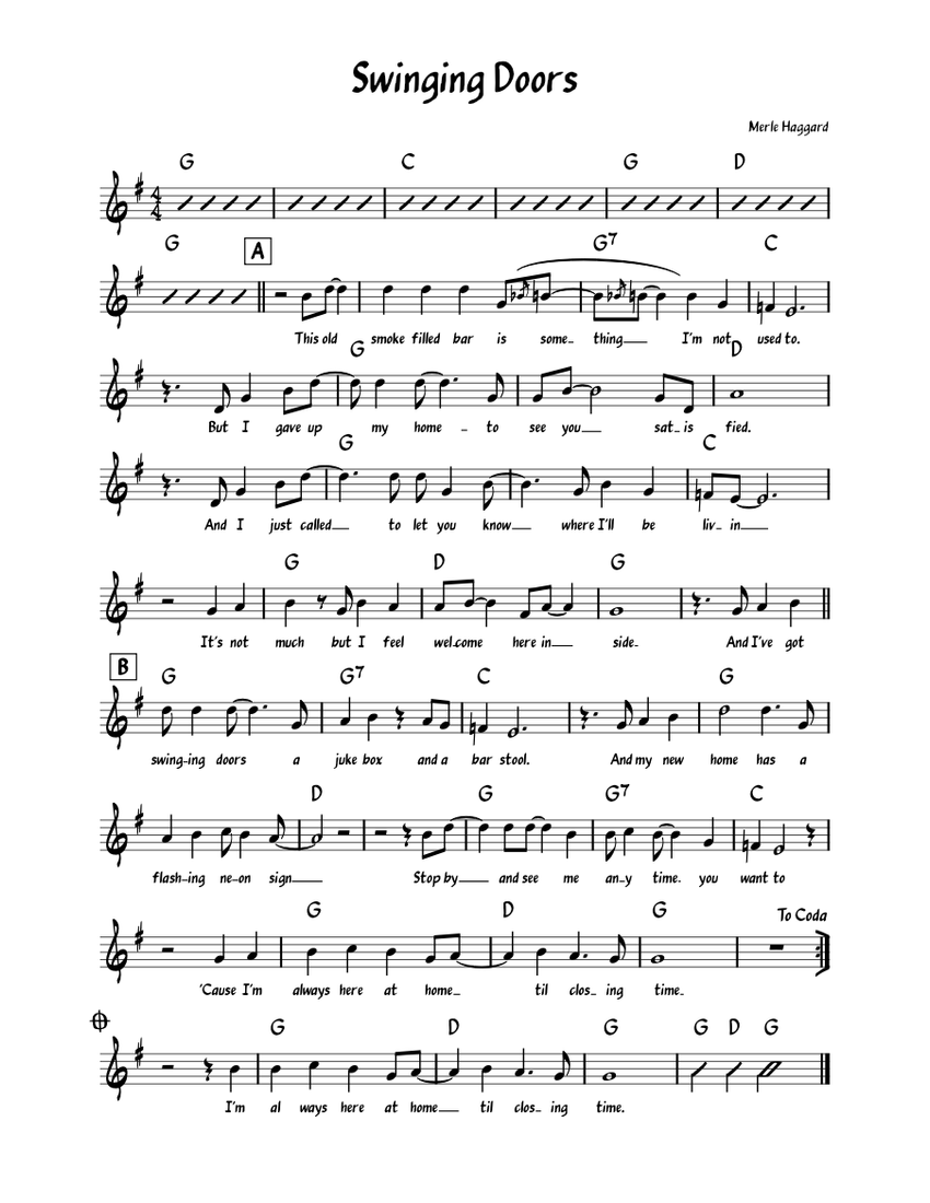 Swinging Doors Merle Haggard Sheet music for Piano (Solo) Easy