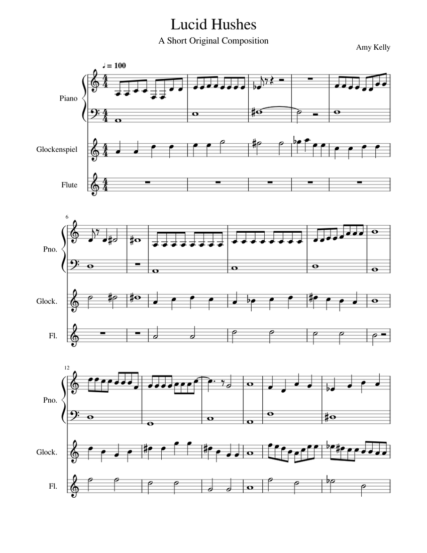 Lucid Hushes Sheet Music For Piano Flute Glockenspiel Solo 