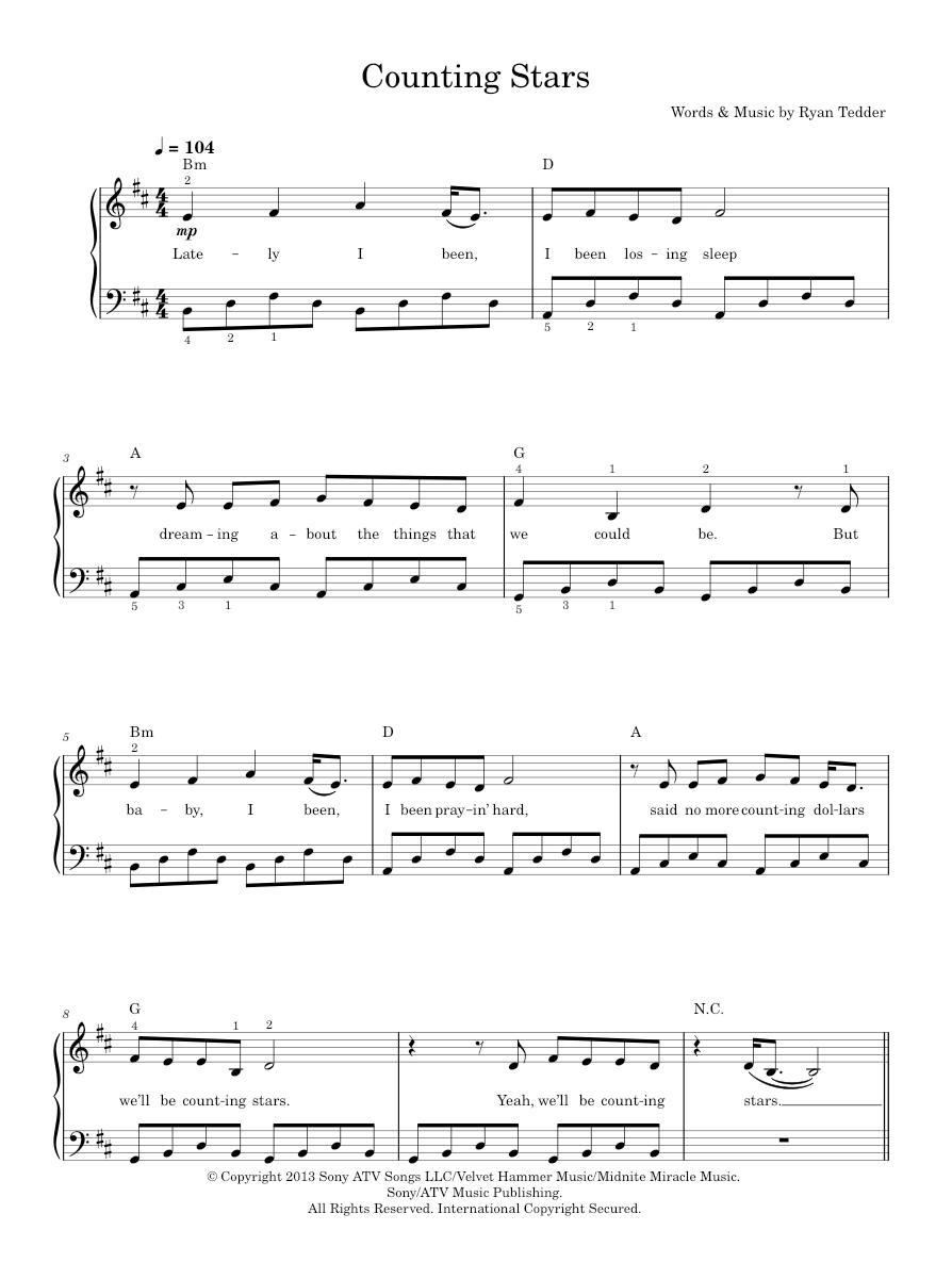counting stars Sheet music for Piano by OneRepublic Official ...
