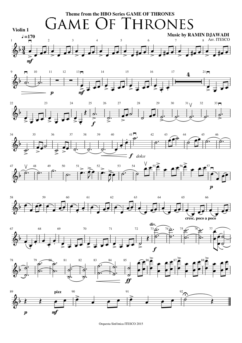 Game Of Thrones Theme - Violin 1 Sheet music for Violin (Solo) |  Musescore.com