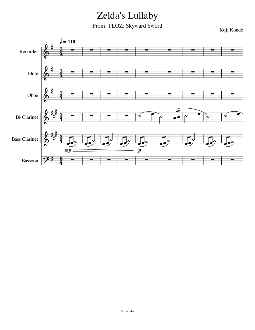 Zelda's Lullaby for Woodwind Sextet Sheet music for Flute, Oboe