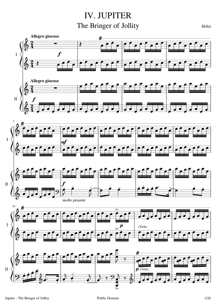 Jupiter - arr. for two pianos by Gustav Holst Sheet Music for