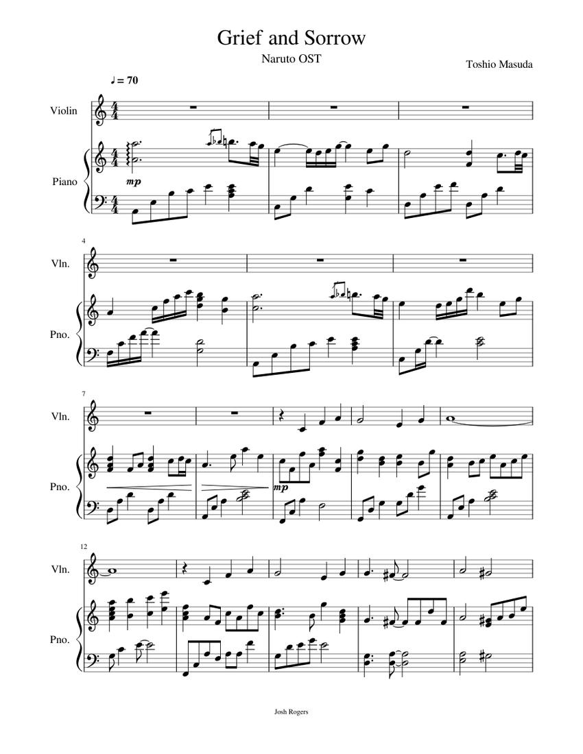 Naruto - Grief and Sorrow (Hokage's Funeral) - Piano + Violin Sheet music  for Piano, Violin (Solo) | Musescore.com