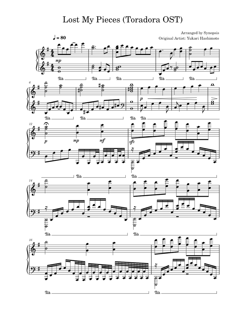 Lost My Pieces – Yukari Hashimoto (Toradora OST) Sheet music for Piano  (Solo) | Musescore.com