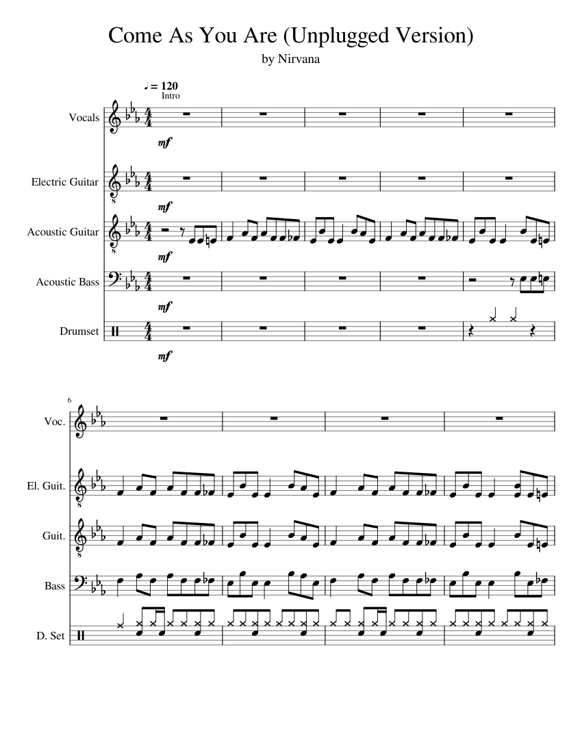 Come As You Are (Unplugged) - Nirvana (Full Transcription) Sheet music for  Piano, Guitar, Bass guitar, Drum group (Mixed Quintet) | Musescore.com