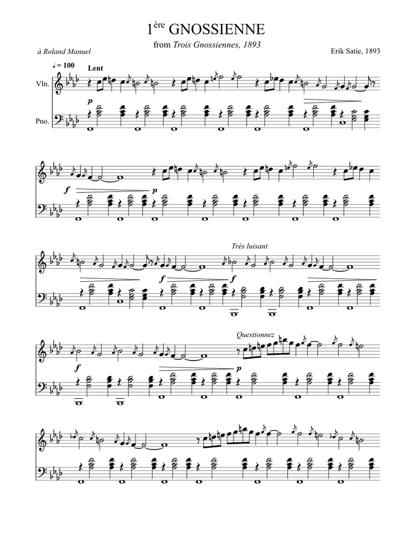 Gnossienne No. 1 Erik Satie for violin and piano Sheet music for Piano,  Violin (Solo) | Musescore.com