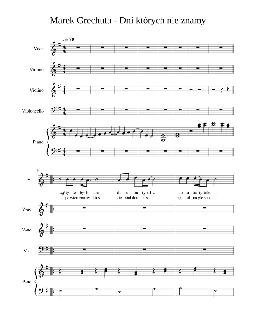 Dni Ktorych Nie Znamy Sheet Music For Piano Violin Cello Vocals Mixed Quintet Musescore Com