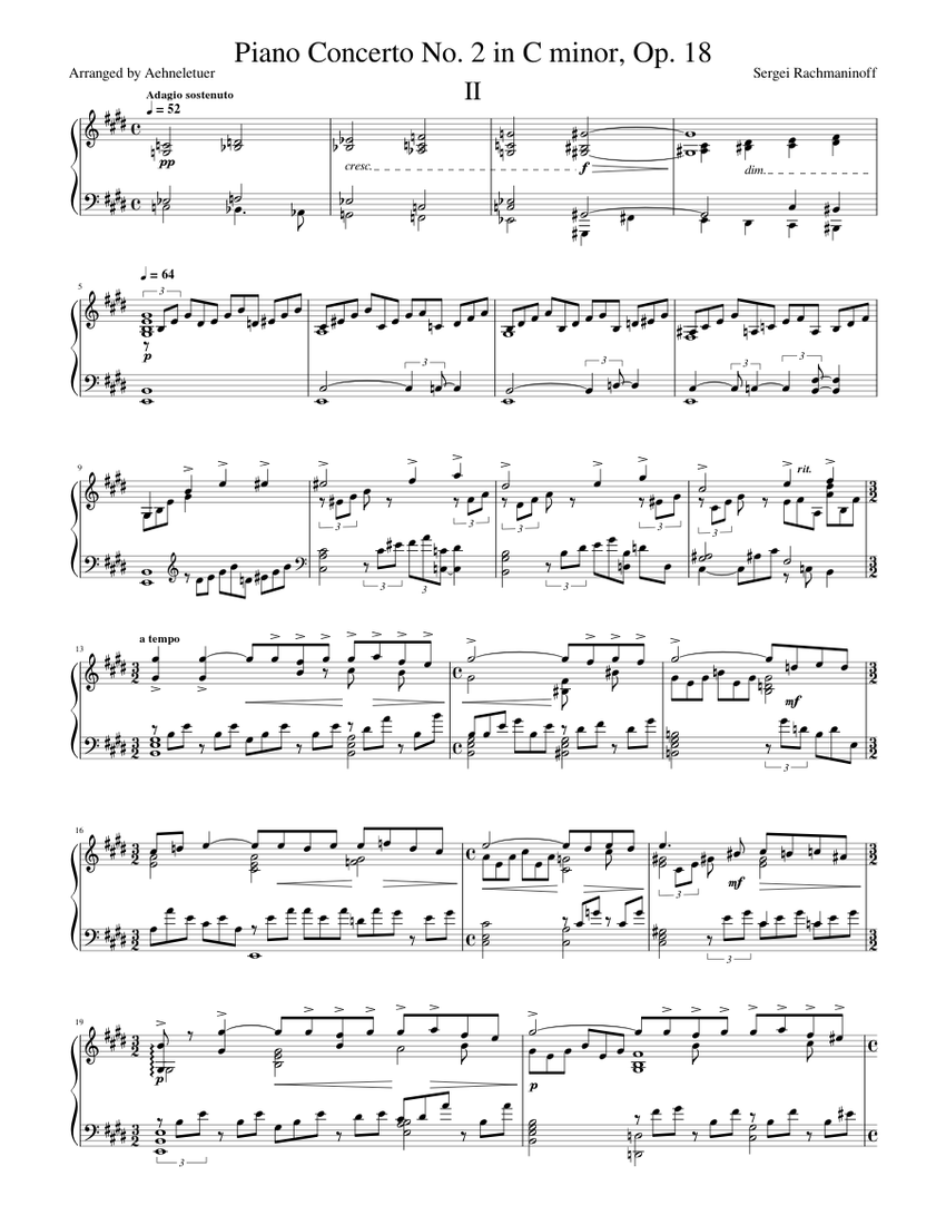 Rachmaninoff] Piano Concerto No. 2, Op. 18 (2nd Movement) Sheet music for  Piano (Solo) | Musescore.com