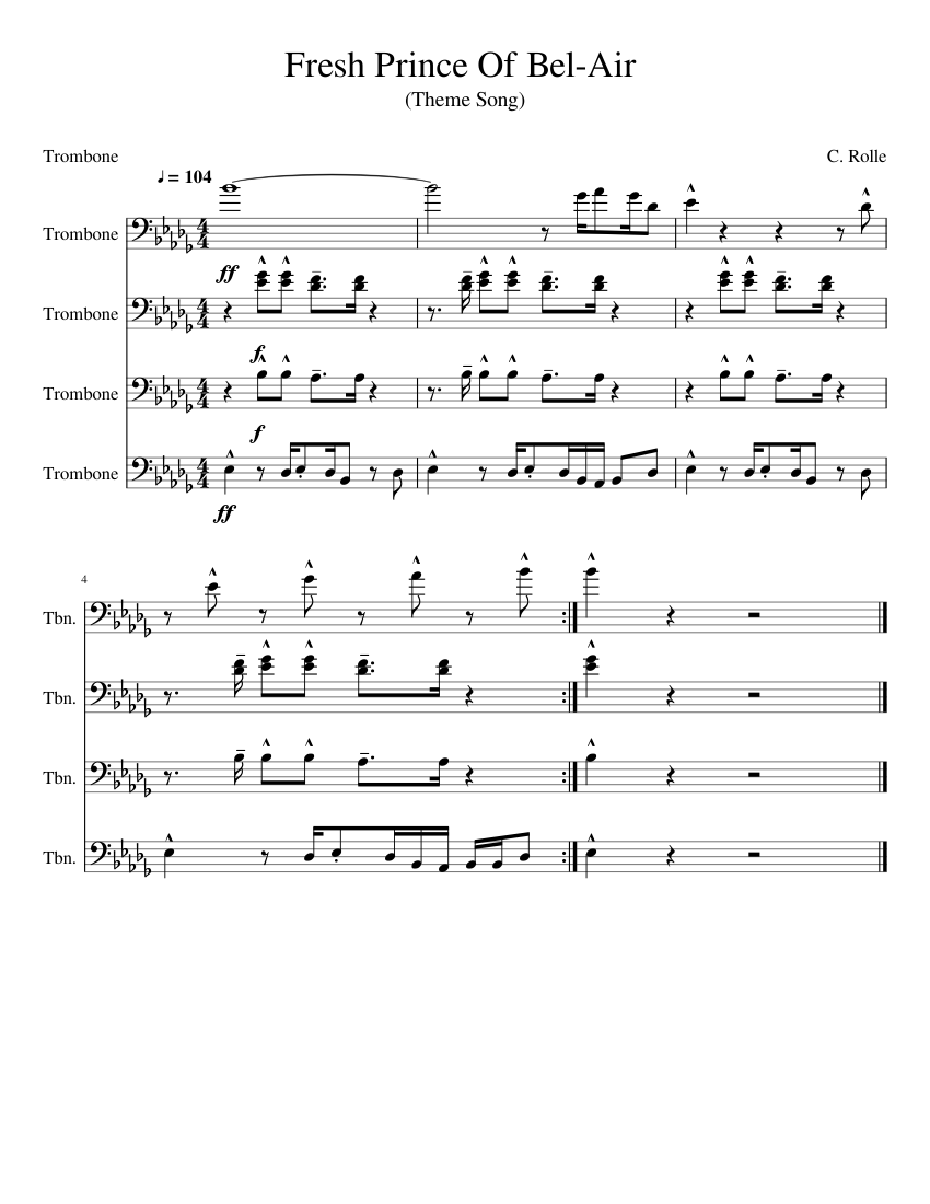 Fresh Prince Of Bel Air Sheet Music For Trombone Mixed Quartet Musescore Com