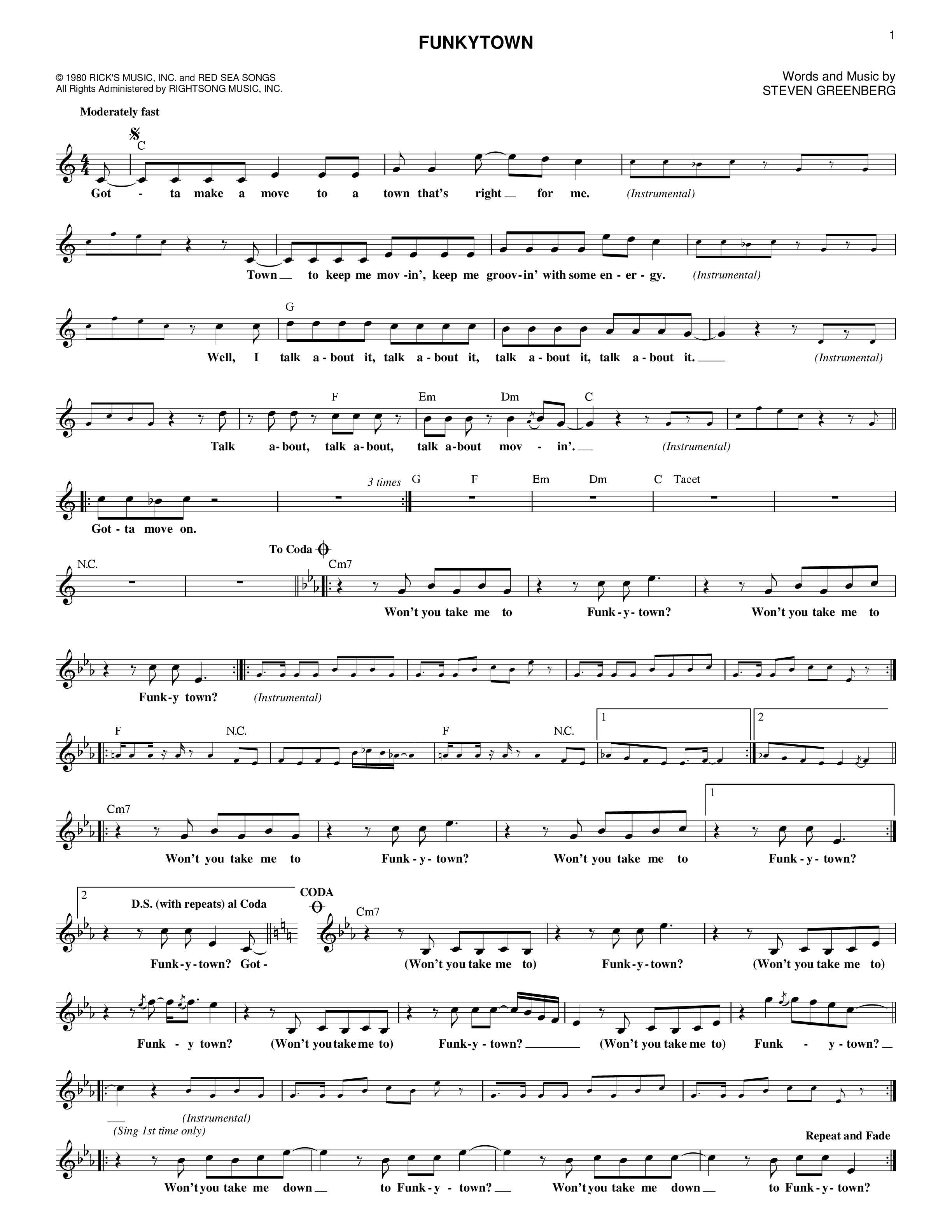 Play Official version of Funkytown Sheet Music by Lipps Inc. for Vocals ...