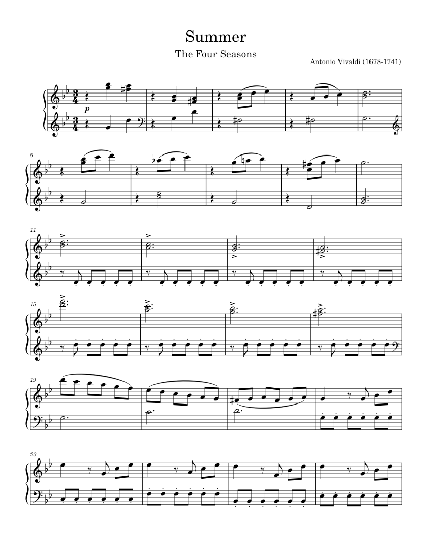 Summer (from The Four Seasons) – Antonio Vivaldi Sheet Music for Piano ...