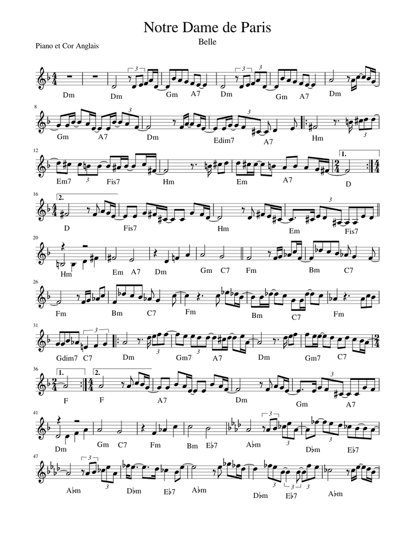 Belle Notre Dame De Paris Sheet music for Piano, Oboe (Solo) | Musescore.com