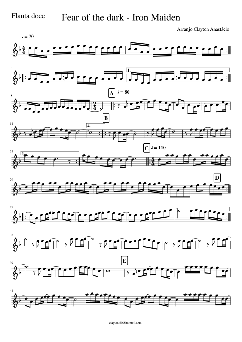 Fear of the Dark - recorder - para Flauta Doce. Sheet music for Piano  (Solo) | Musescore.com