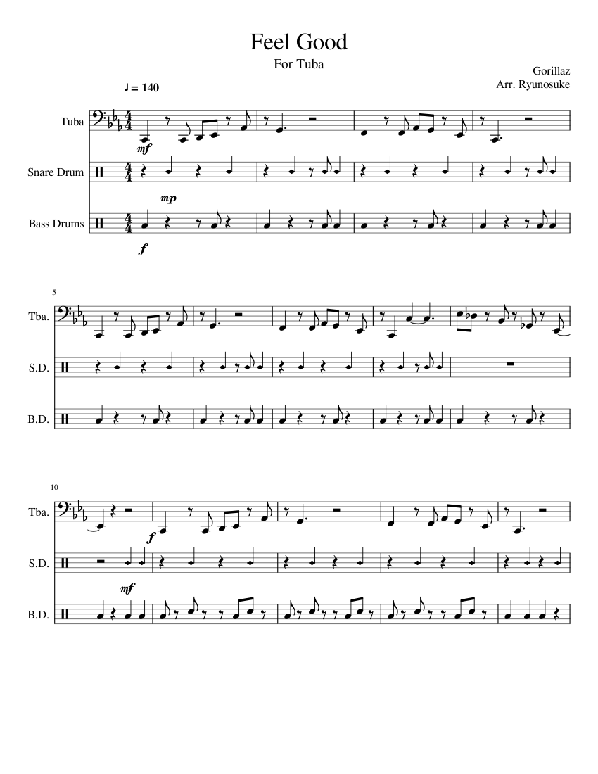 Feel Good For Tuba Sheet Music For Tuba Snare Drum Bass Drum Mixed Trio Download And Print In Pdf Or Midi Free Sheet Music Musescore Com