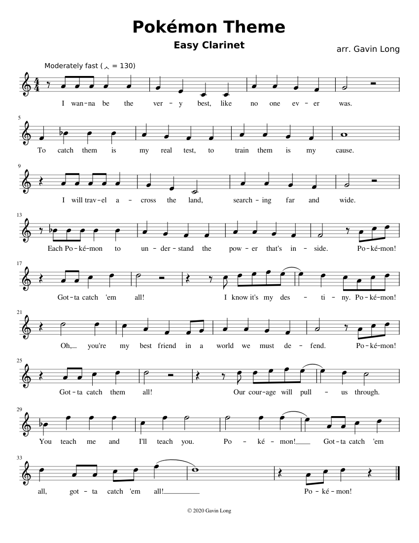 Pokémon Theme (Easy) Clarinet Sheet music for Clarinet (In B Flat