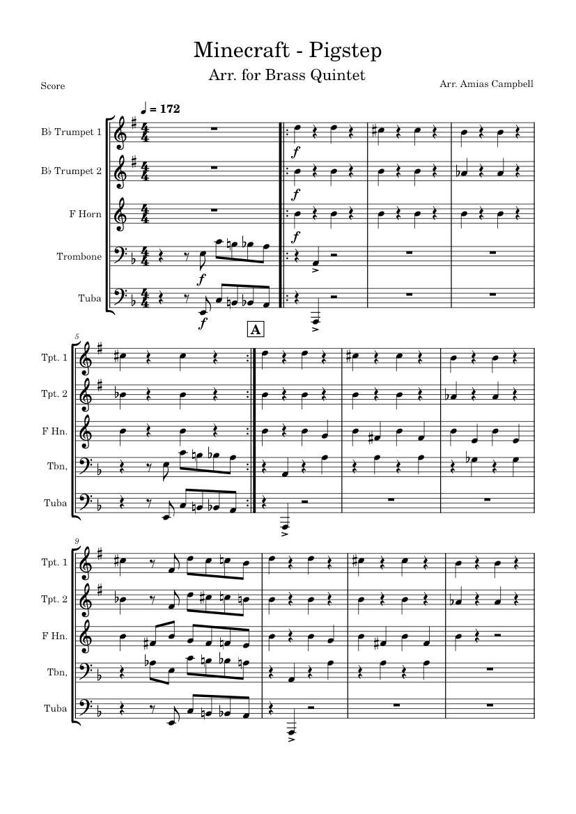Pigstep Notes Pigstep, Arr. for Brass Quintet Sheet Music for Trombone, Tuba, Trumpet ...