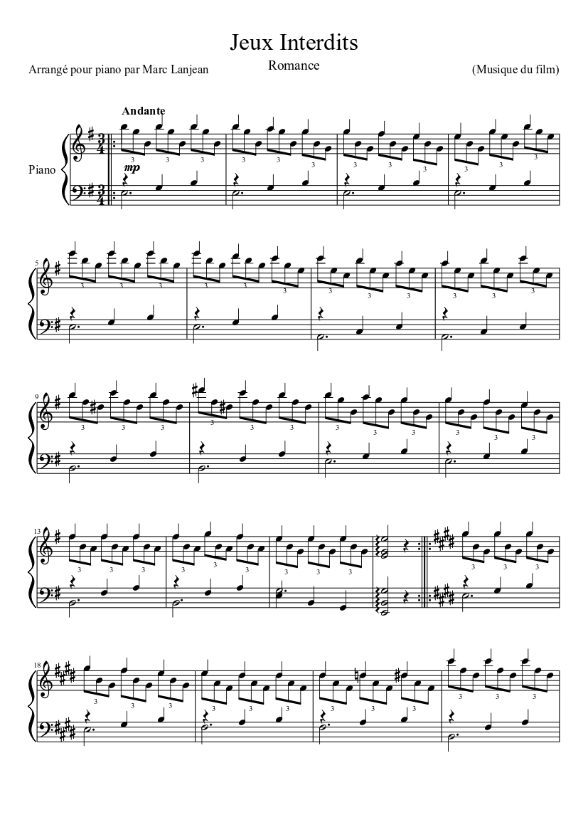 Jeux Interdits Sheet Music For Piano Solo Musescore Com