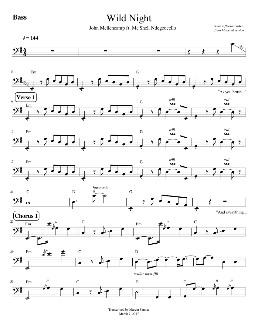 John Mellencamp - Wild Night ft. Me'Shell Ndegeocello (Bass) Sheet