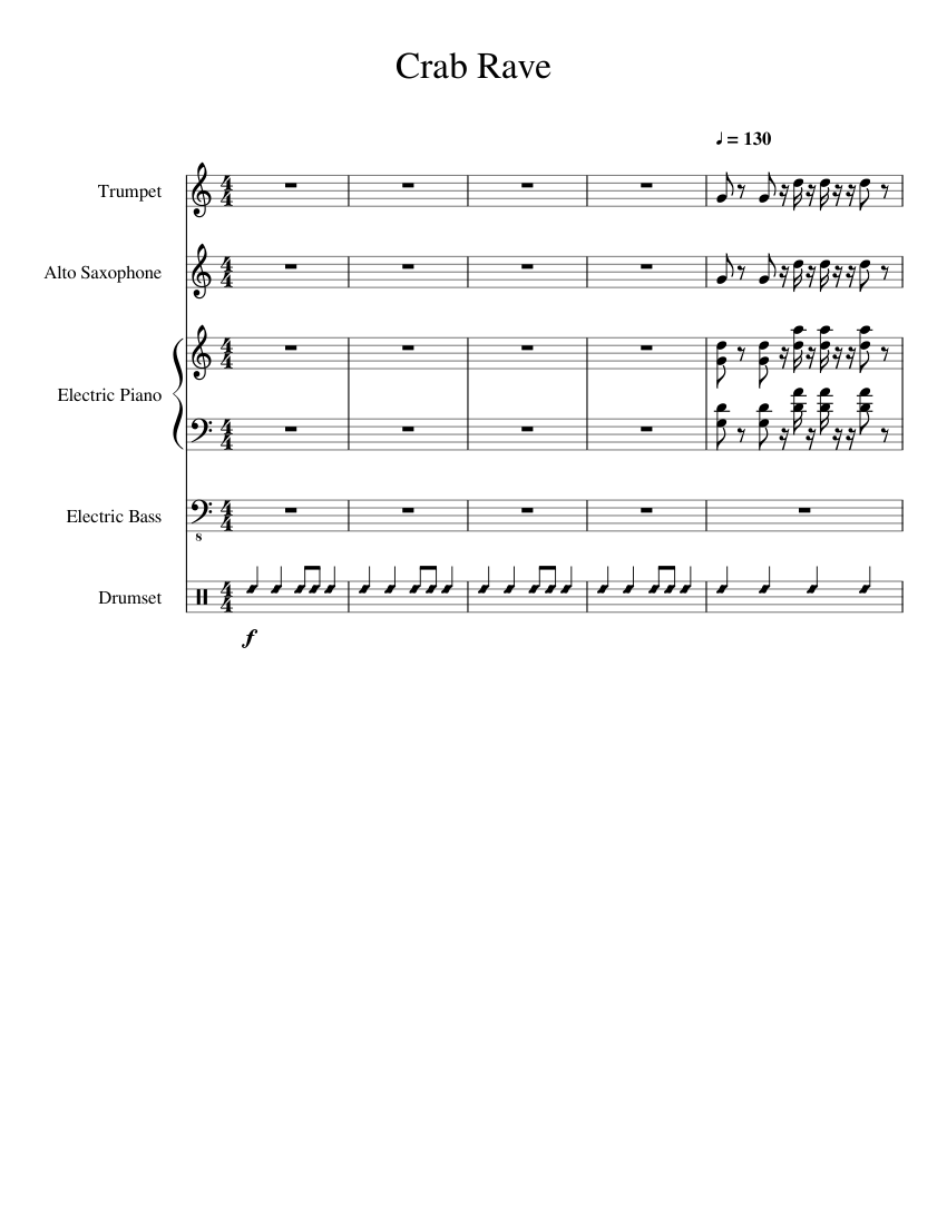 Crab Rave Sheet music for Piano, Saxophone alto, Bass guitar, Drum group &  more instruments (Mixed Quintet) | Musescore.com