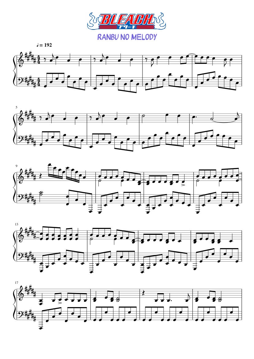 Bleach - Opening 13 - Ranbu no Melody Sheet Music for Piano (Solo