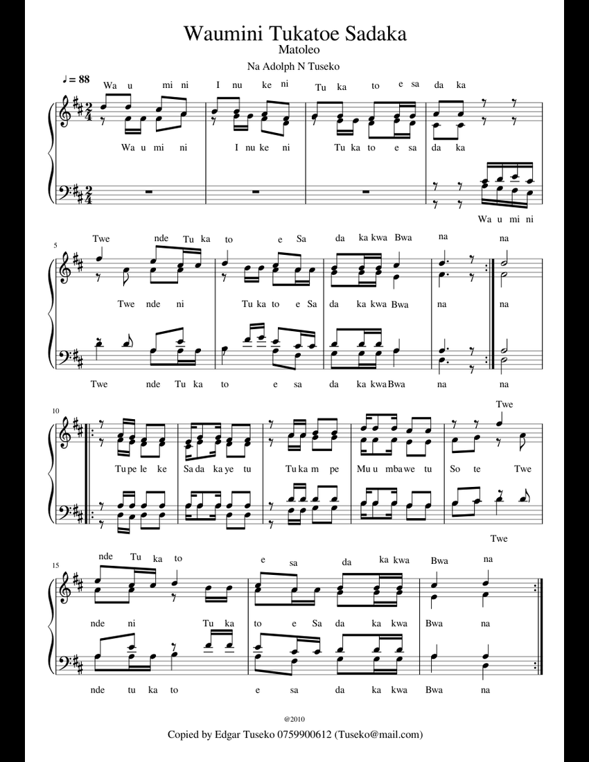 Waumini Tukatoe Sadaka Sheet Music For Piano (Church Choir) Easy ...