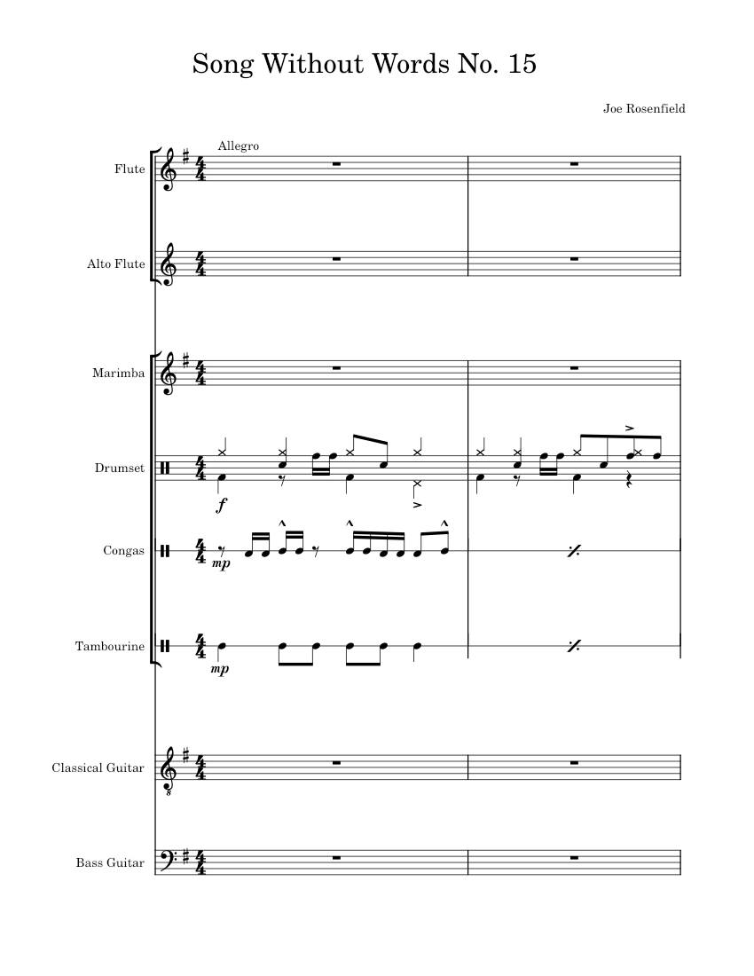 Song Without Words No. 15 Sheet music for Tambourine, Flute, Guitar, Bass  guitar & more instruments (Mixed Ensemble) | Musescore.com