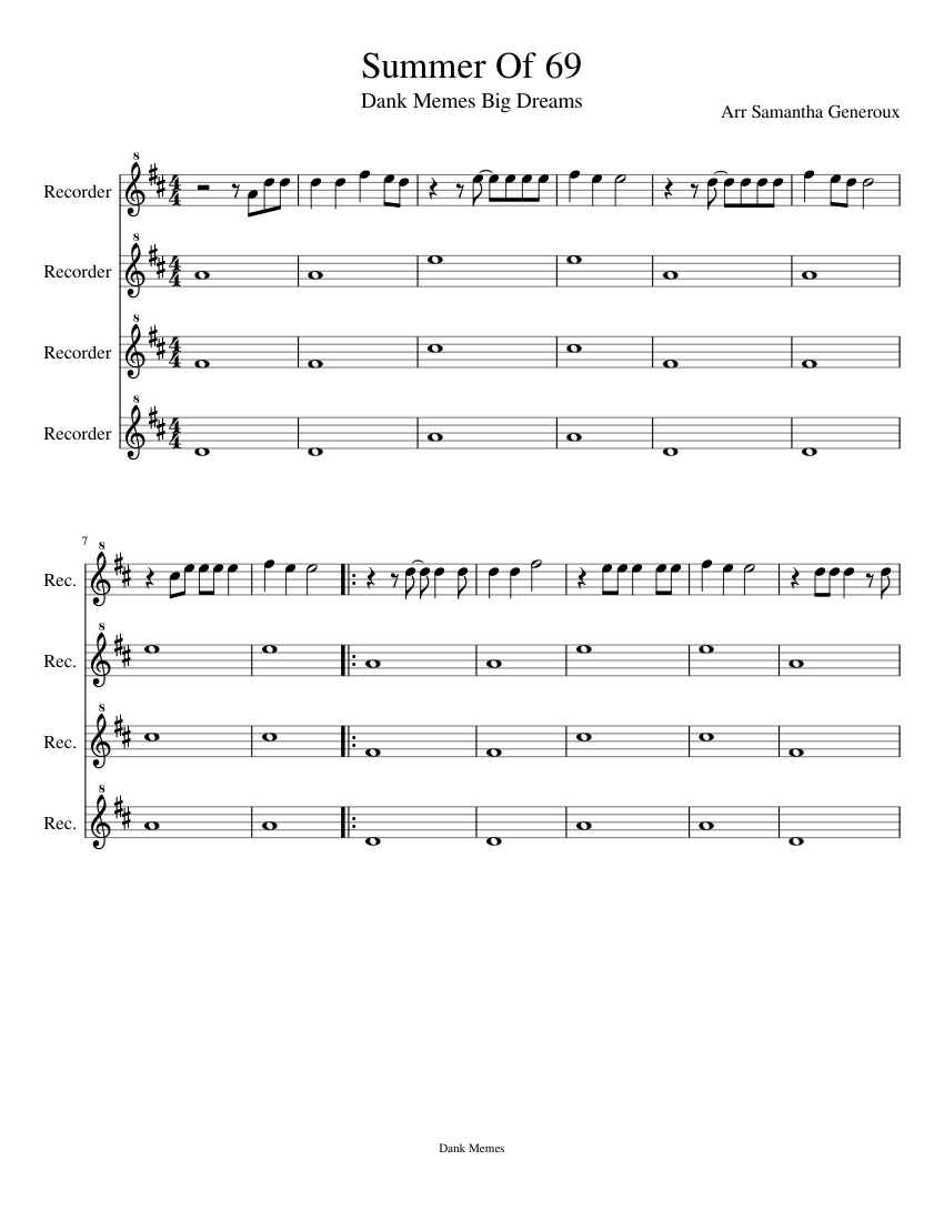 Summer Of 69 Sheet music for Recorder (Mixed Quartet) | Musescore.com