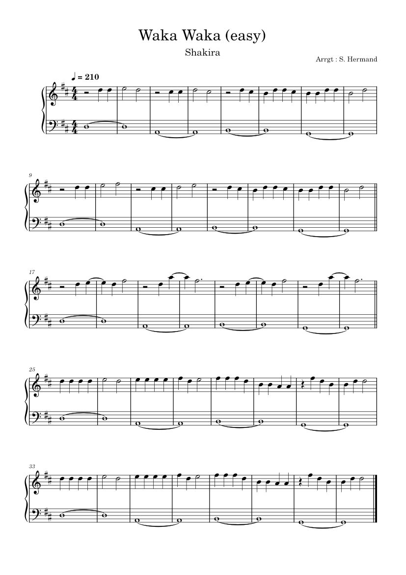 Waka Waka (easy) – Shakira Sheet Music For Piano (solo) 