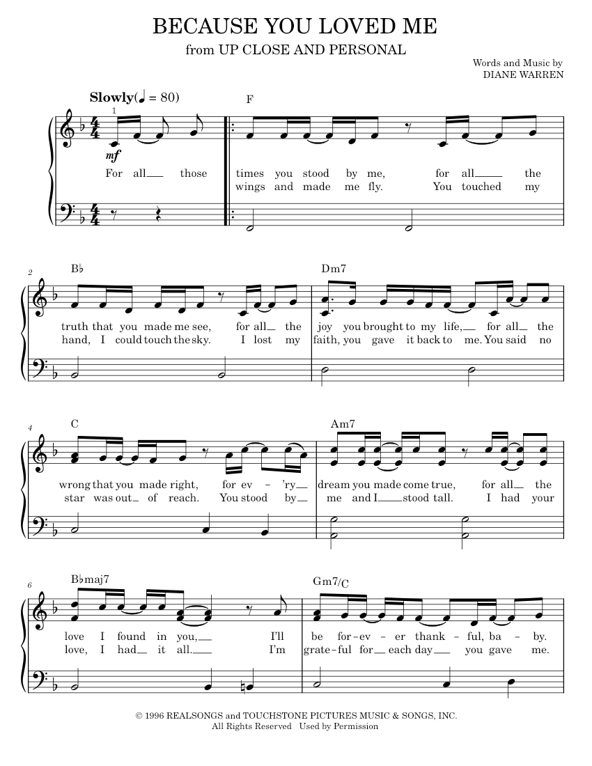 Because You Loved Me Sheet music for Piano by Diane Warren Official ...