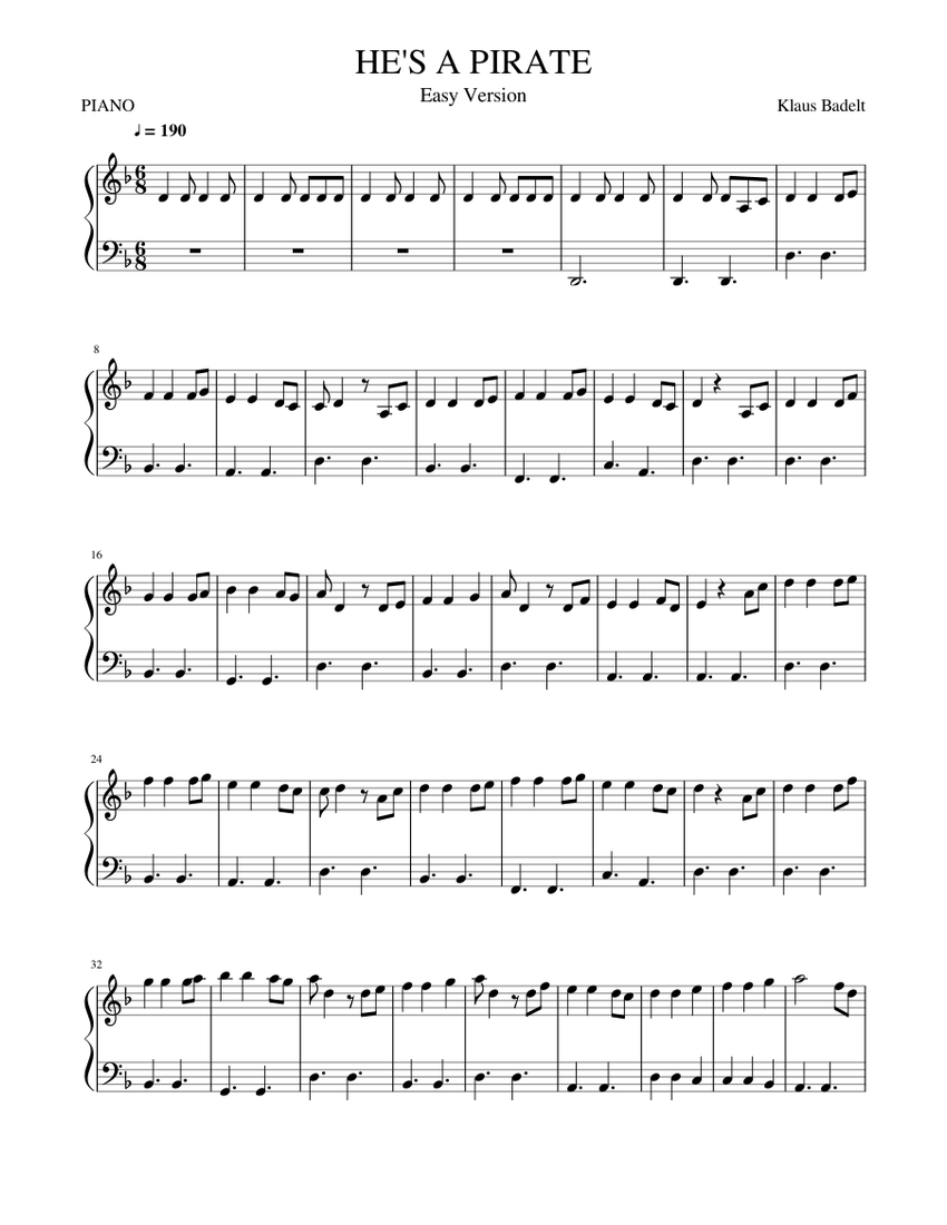 He's A Pirate - Easy Piano Sheet music for Piano (Solo) | Musescore.com