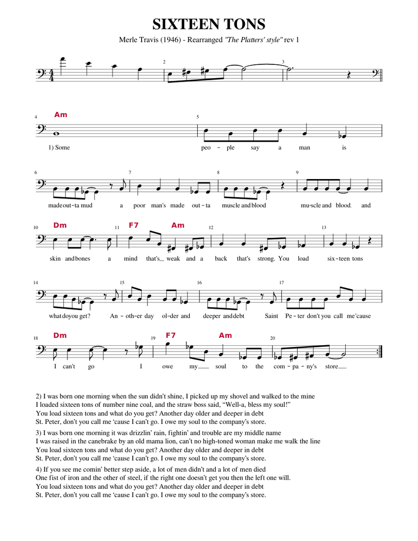 Sixteen Tons (Platters style) rev 1 Sheet music for Bass voice (Solo) |  Musescore.com
