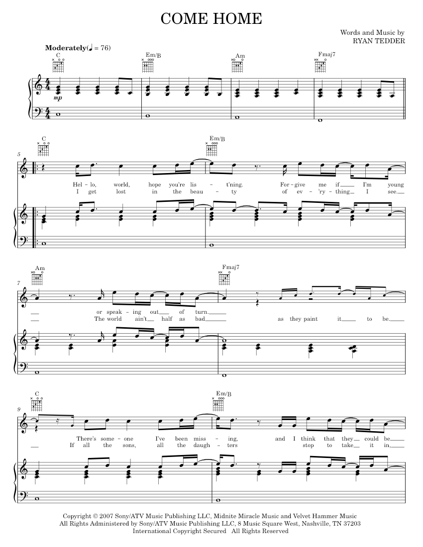 come home Sheet music for Piano, Vocals: Music Notes