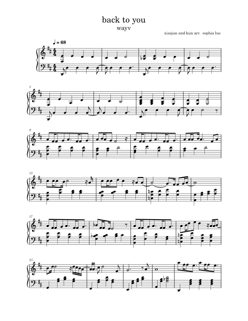 back to you - wayv (xiaojun and kun) Sheet music for Piano (Solo ...