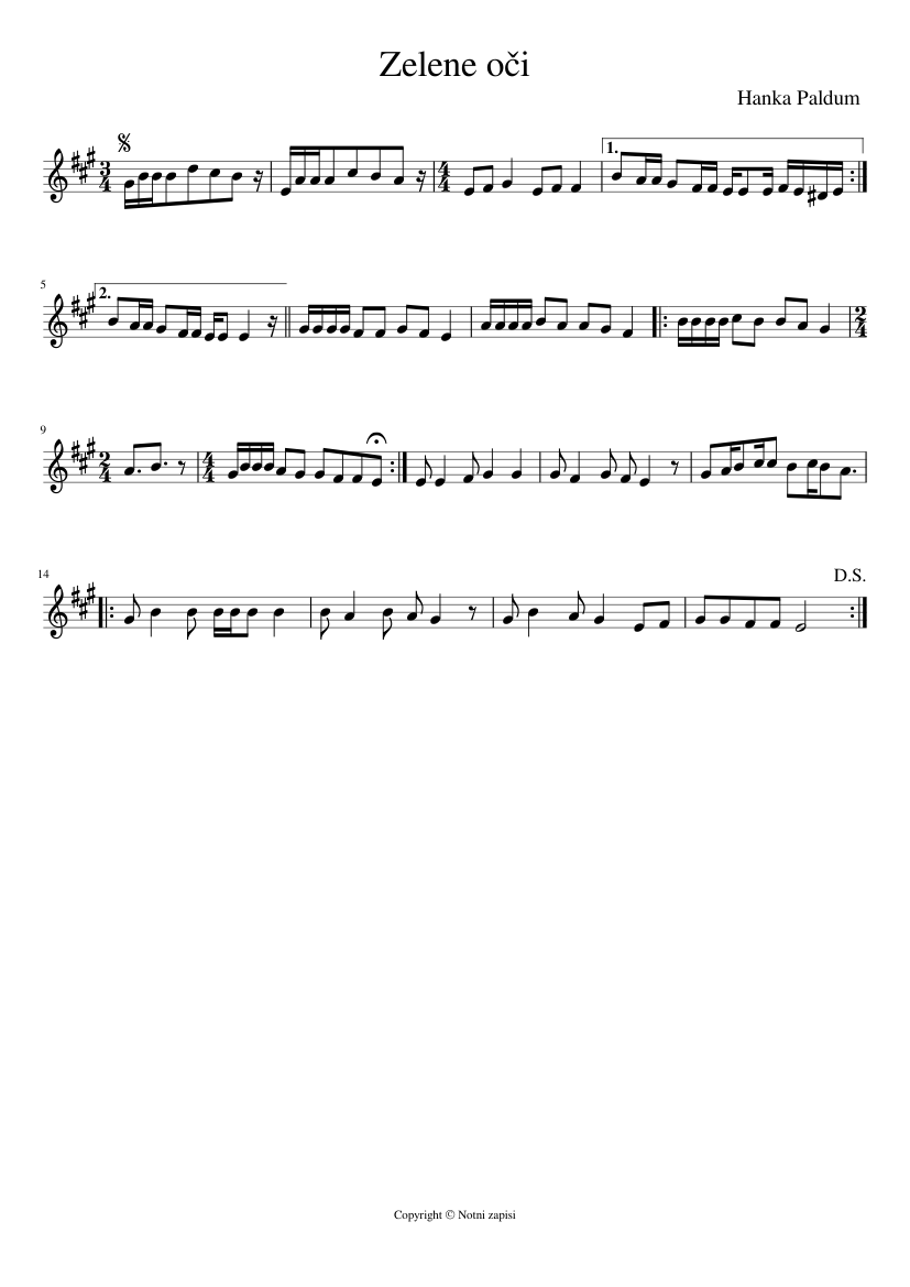Zelene oči-Hanka Paldum Sheet music for Piano (Solo) | Musescore.com